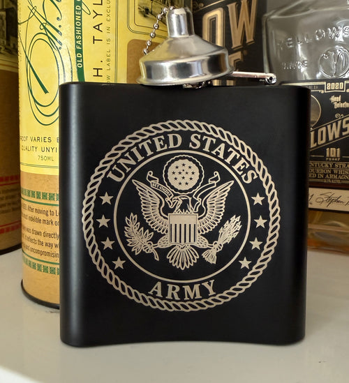 Custom Engraved Military Flask – 6oz Matte Black | Glass & Glory